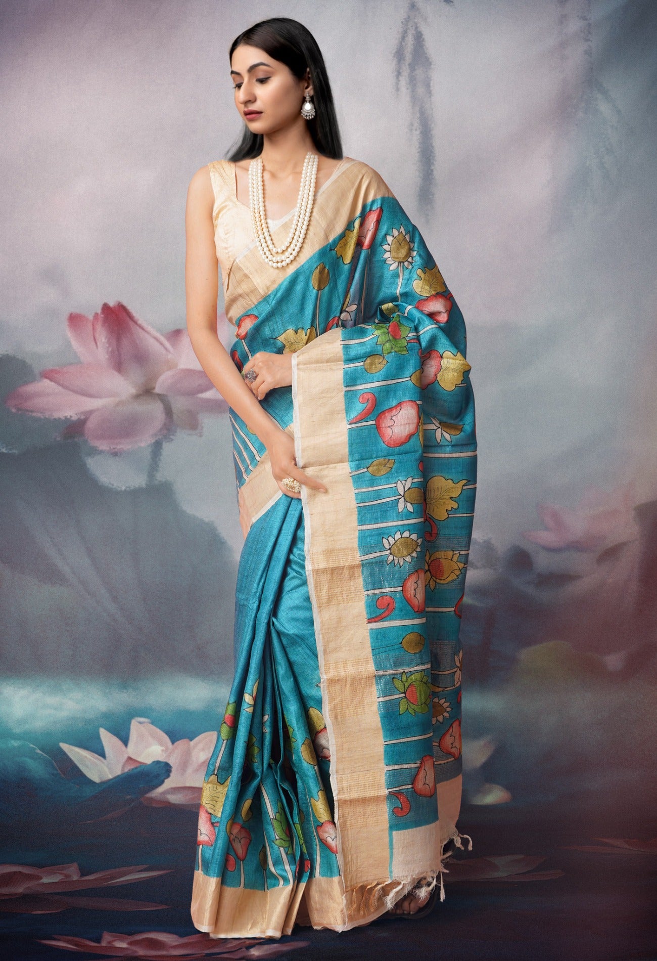 Online Shopping for Blue Pure Handloom Bengal Fusion Print  Silk Saree with Fancy/Ethnic Prints from West Bengal at Unnatisilks.com India
