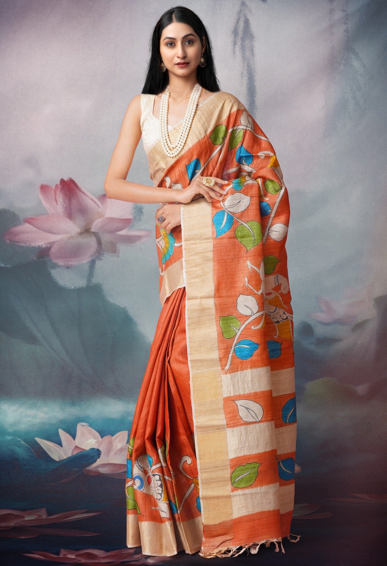 Orange Pure Handloom Bengal Fusion Print  Silk Saree