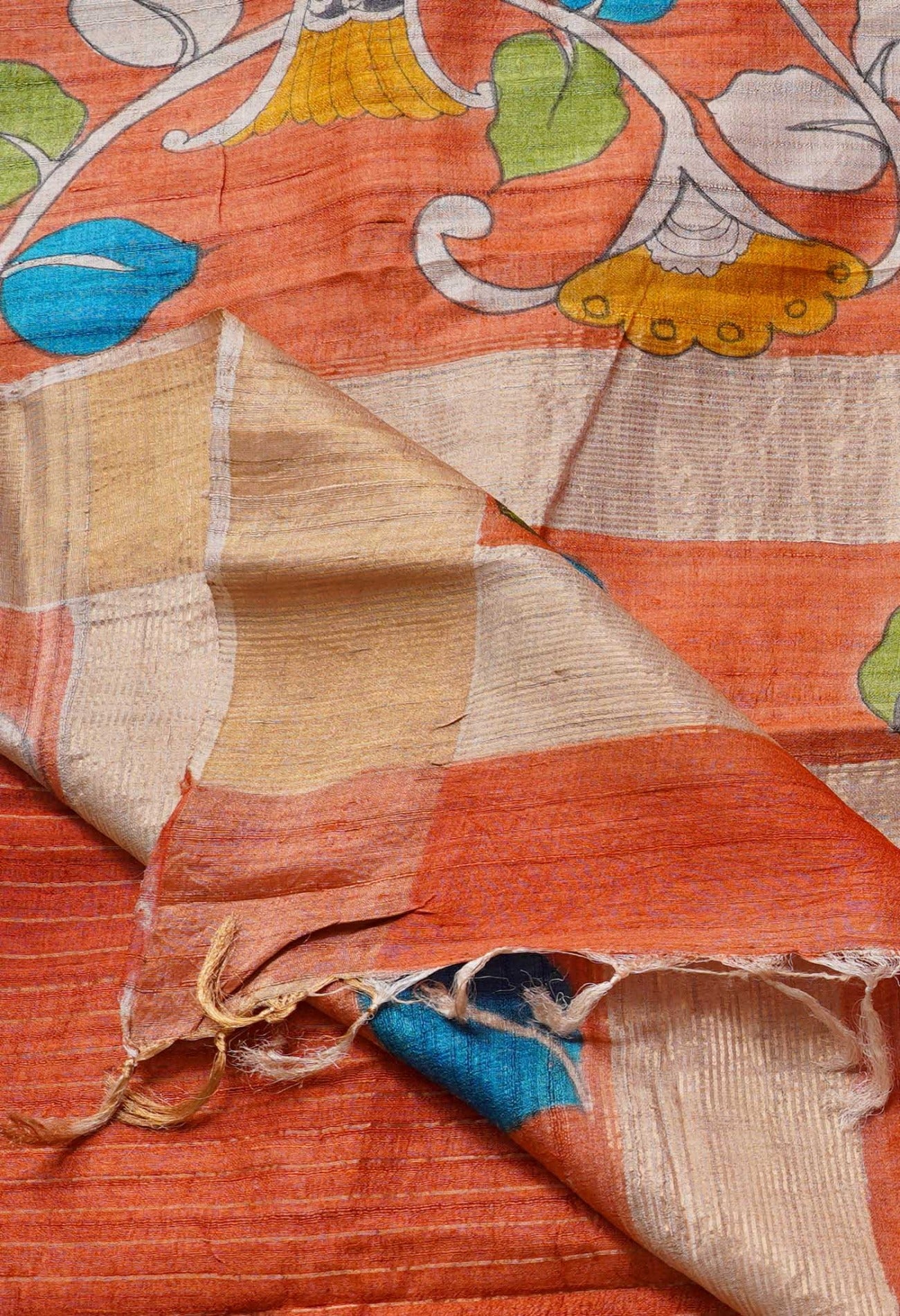 Orange Pure Handloom Bengal Fusion Print  Silk Saree