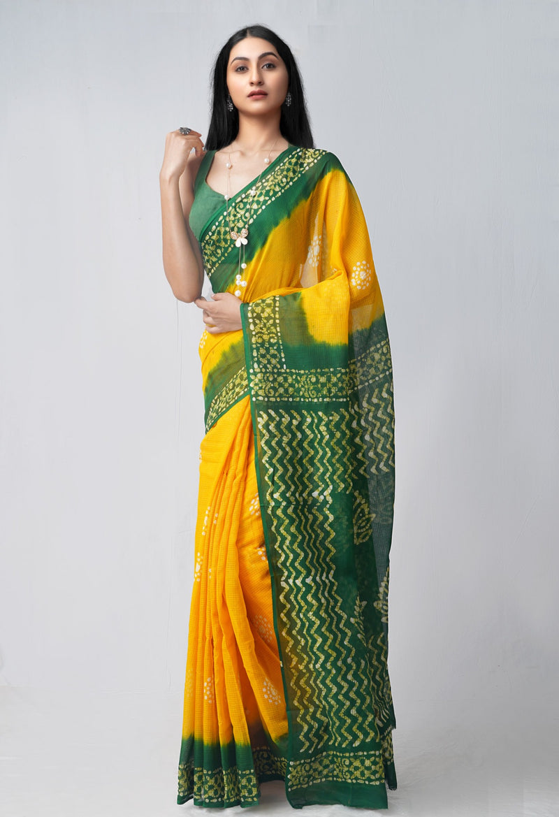 Online Shopping for Yellow-Green Pure Batik Kota Cotton Saree with Batik from Rajasthan at Unnatisilks.com India
