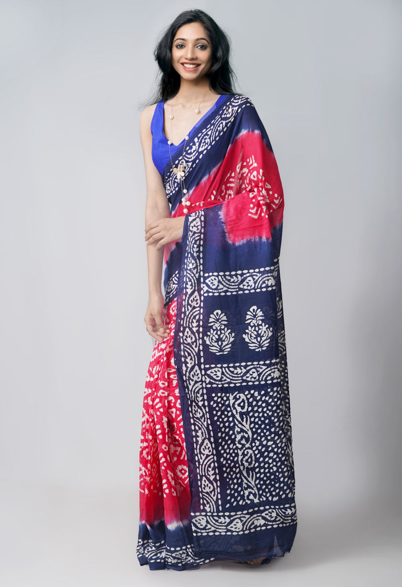 Online Shopping for Pink Navy Blue Pure Batik Kota Cotton Saree with Batik from Rajasthan at Unnatisilks.com India
