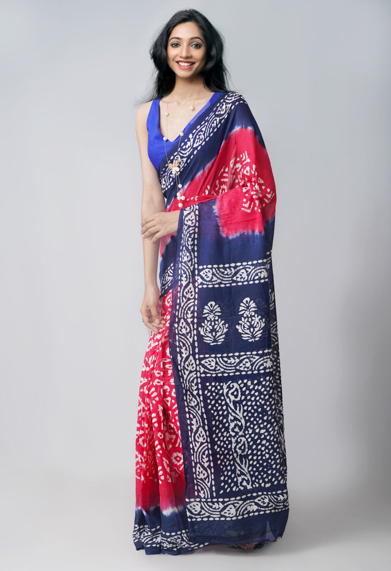 Online Shopping for Pink Navy Blue Pure Batik Kota Cotton Saree with Batik from Rajasthan at Unnatisilks.com India
