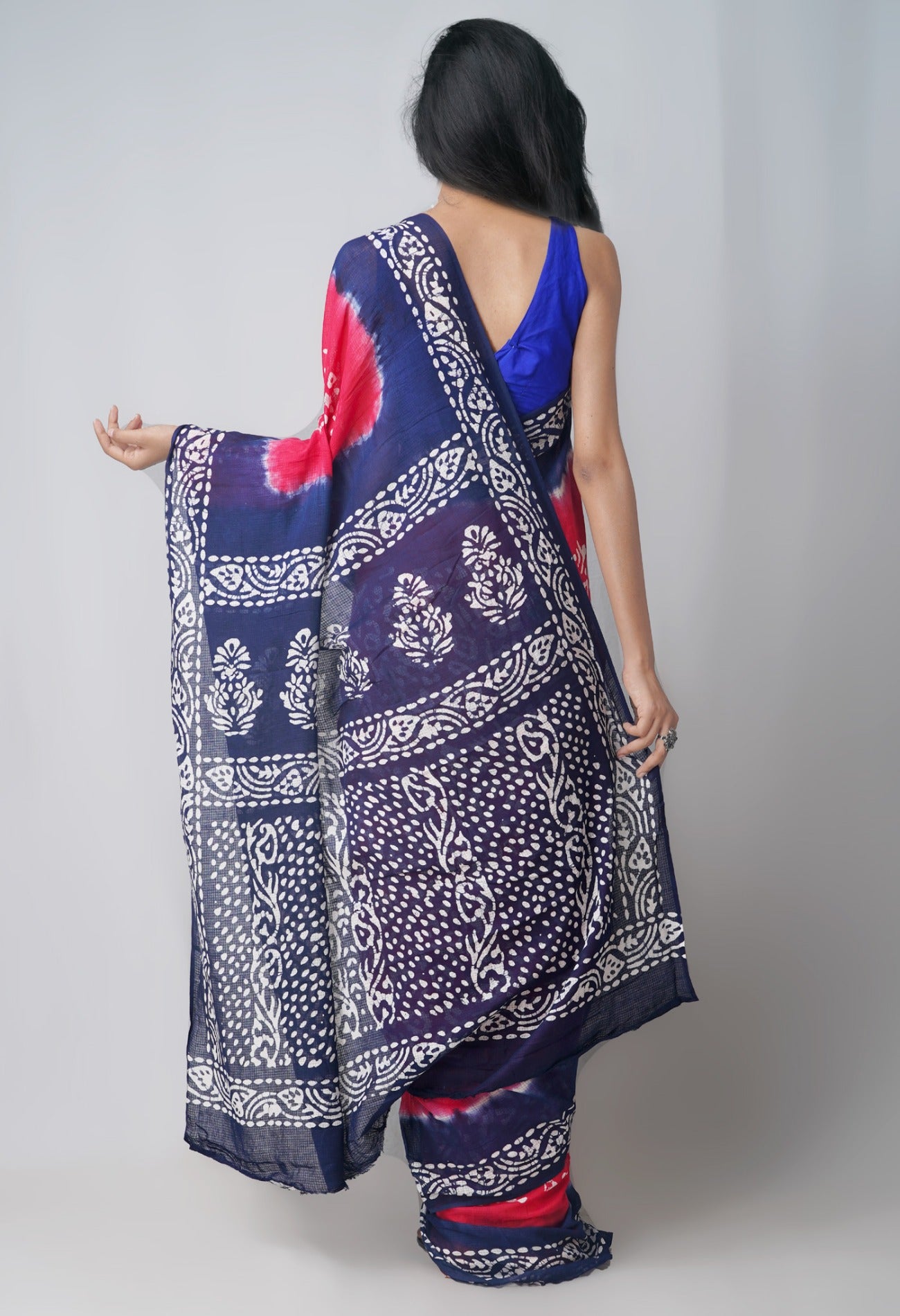 Online Shopping for Pink Navy Blue Pure Batik Kota Cotton Saree with Batik from Rajasthan at Unnatisilks.com India
