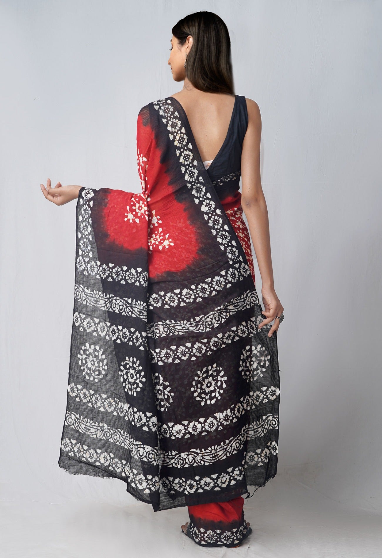 Online Shopping for Red-Black Pure Batik Kota Cotton Saree with Batik from Rajasthan at Unnatisilks.com India
