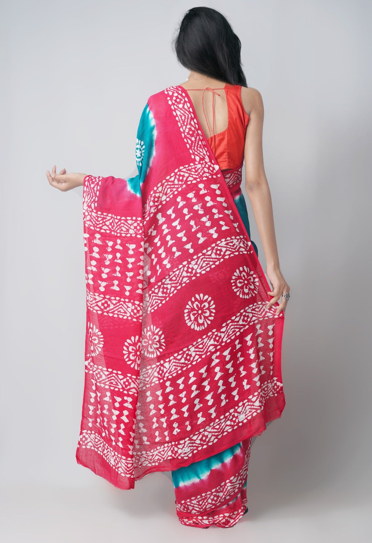 Online Shopping for Green-Pink Pure Batik Kota Cotton Saree with Batik from Rajasthan at Unnatisilks.com India
