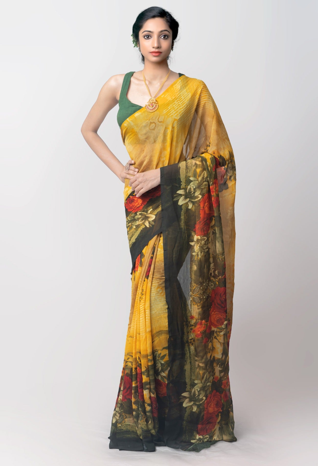Online Shopping for Yellow  Printed Art Chiffon Saree with Fancy/Ethnic Prints from Punjab at Unnatisilks.com India
