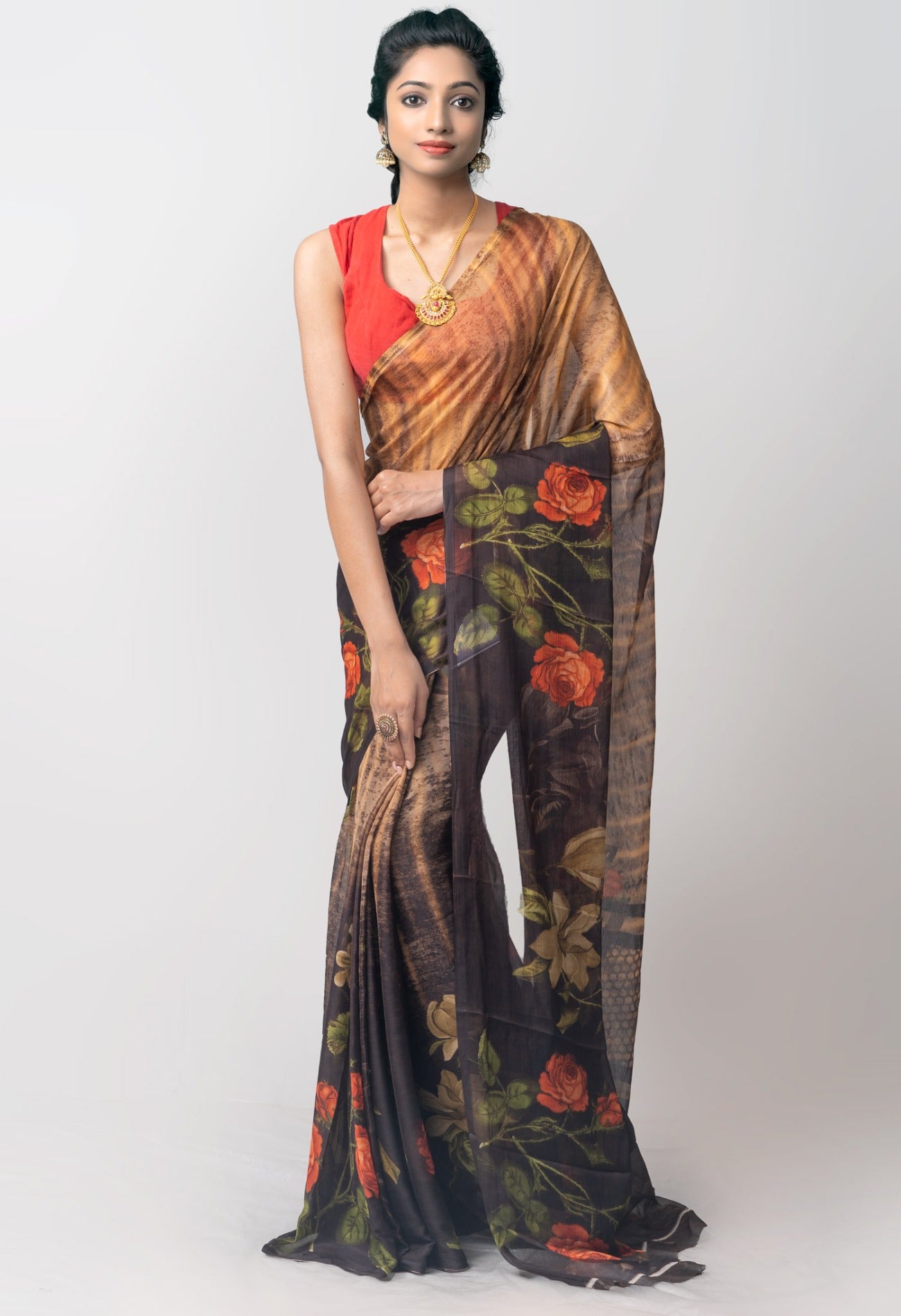 Online Shopping for Brown  Printed Art Chiffon Saree with Fancy/Ethnic Prints from Punjab at Unnatisilks.com India
