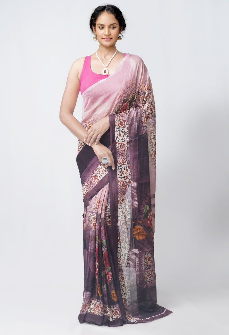 Online Shopping for Pink  Printed Art Chiffon Saree with Fancy/Ethnic Prints from Punjab at Unnatisilks.com India
