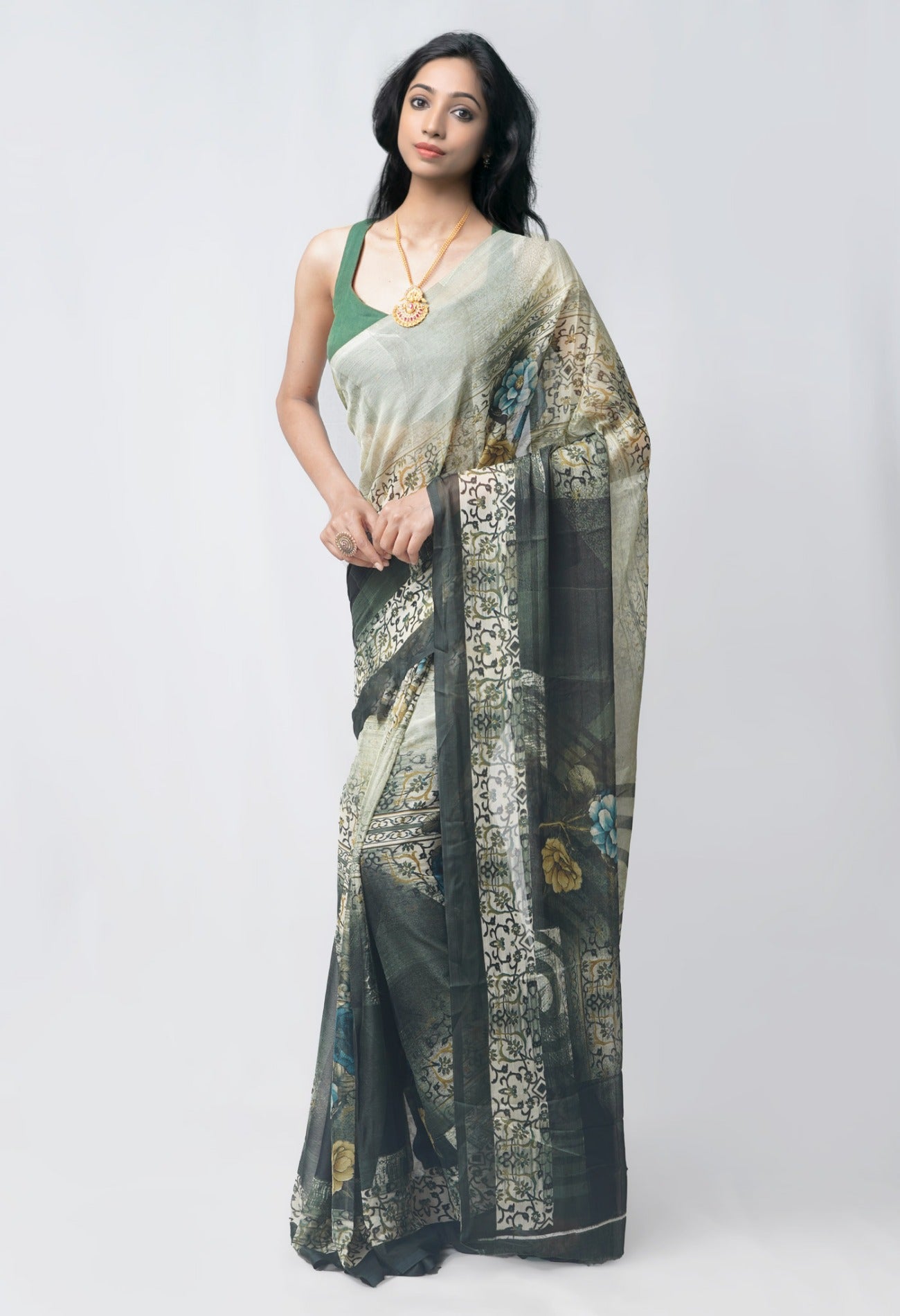 Online Shopping for Green  Printed Art Chiffon Saree with Fancy/Ethnic Prints from Punjab at Unnatisilks.com India
