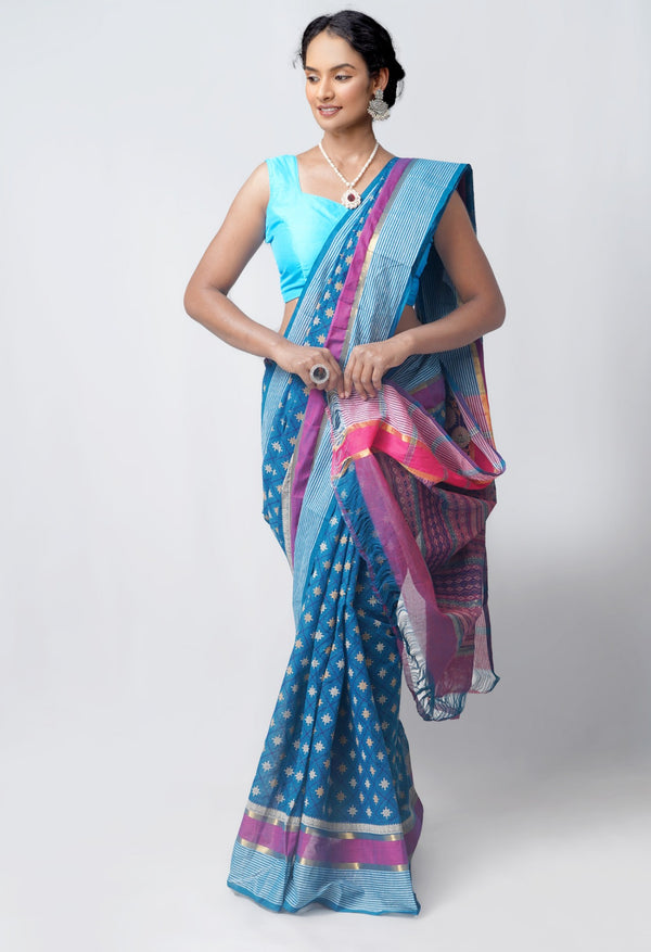 Online Shopping for Blue Pure Pavani Mangalgiri Cotton Saree with Hand Block Prints from Andhra Pradesh at Unnatisilks.com India
