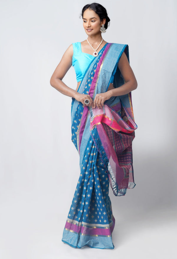 Online Shopping for Blue Pure Pavani Mangalgiri Cotton Saree with Hand Block Prints from Andhra Pradesh at Unnatisilks.com India
