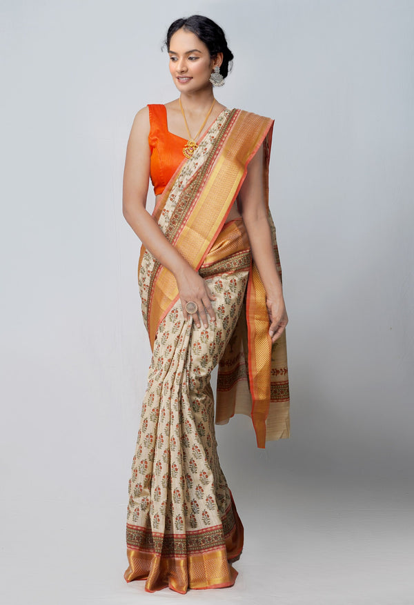 Online Shopping for Cream  Bengal Tussar  Silk Saree with Fancy/Ethnic Prints from West Bengal at Unnatisilks.com India
