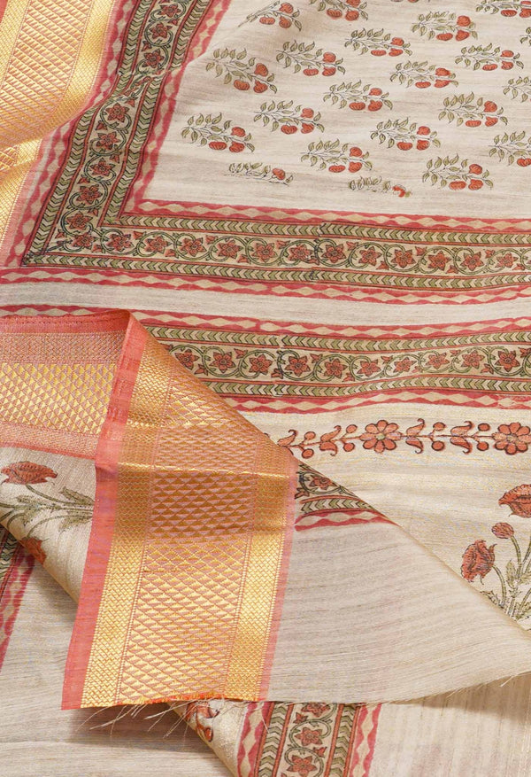 Cream  Bengal Tussar  Silk Saree