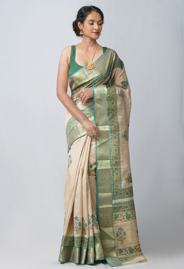 Online Shopping for Cream  Bengal Tussar  Silk Saree with Fancy/Ethnic Prints from West Bengal at Unnatisilks.com India
