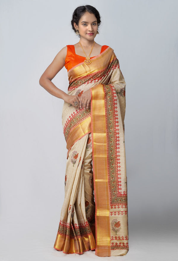 Online Shopping for Cream  Bengal Tussar  Silk Saree with Fancy/Ethnic Prints from West Bengal at Unnatisilks.com India
