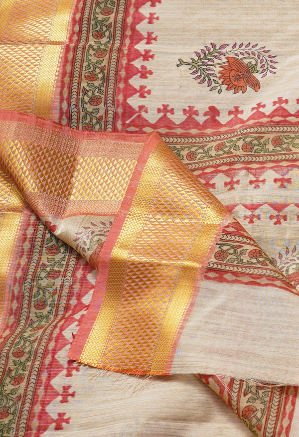 Cream  Bengal Tussar  Silk Saree