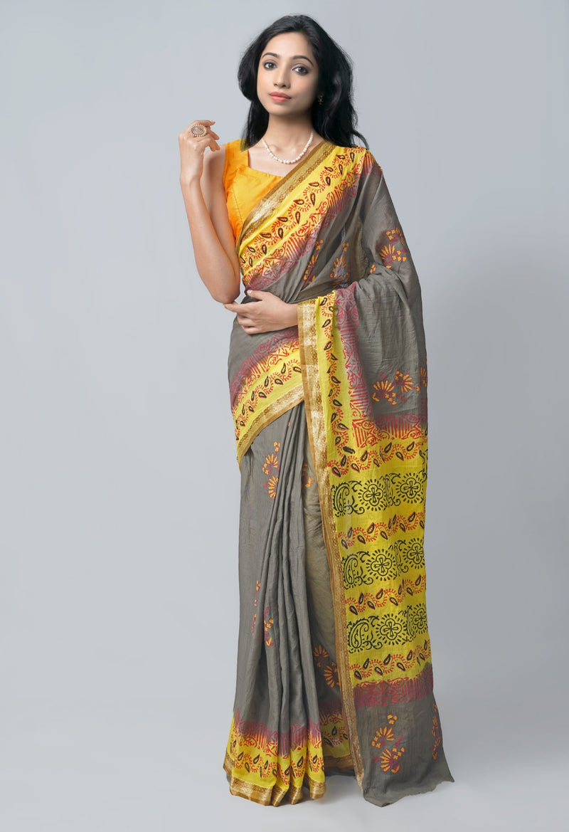 Online Shopping for Grey Pure Hand Block Printed Mulmul  Cotton Saree with Hand Block Prints from Rajasthan at Unnatisilks.com India
