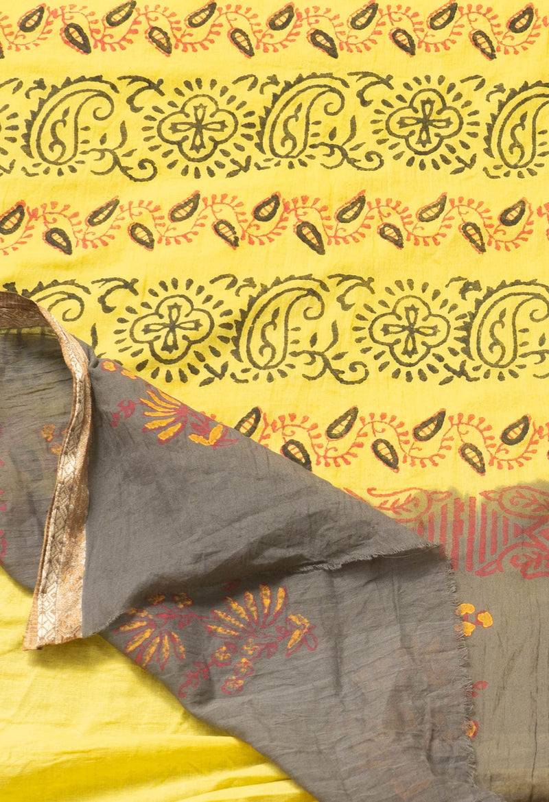 Grey Pure Hand Block Printed Mulmul  Cotton Saree