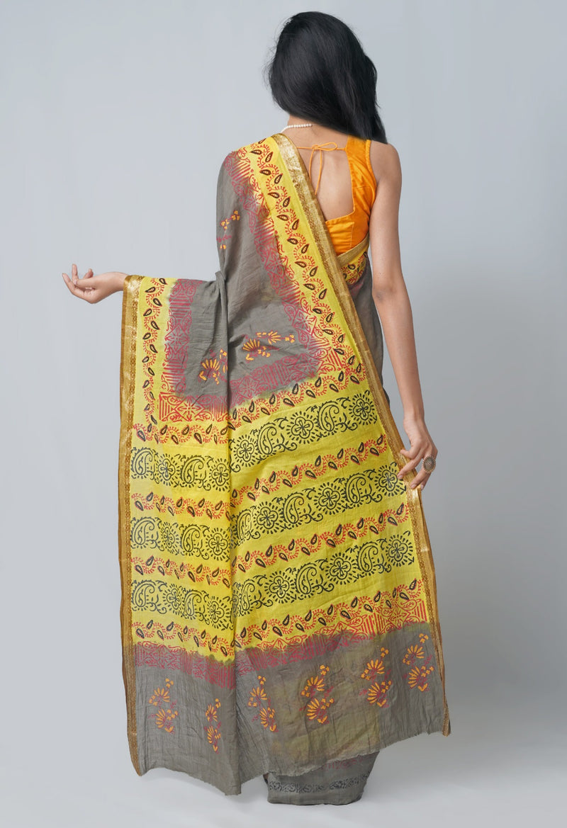 Online Shopping for Grey Pure Hand Block Printed Mulmul  Cotton Saree with Hand Block Prints from Rajasthan at Unnatisilks.com India
