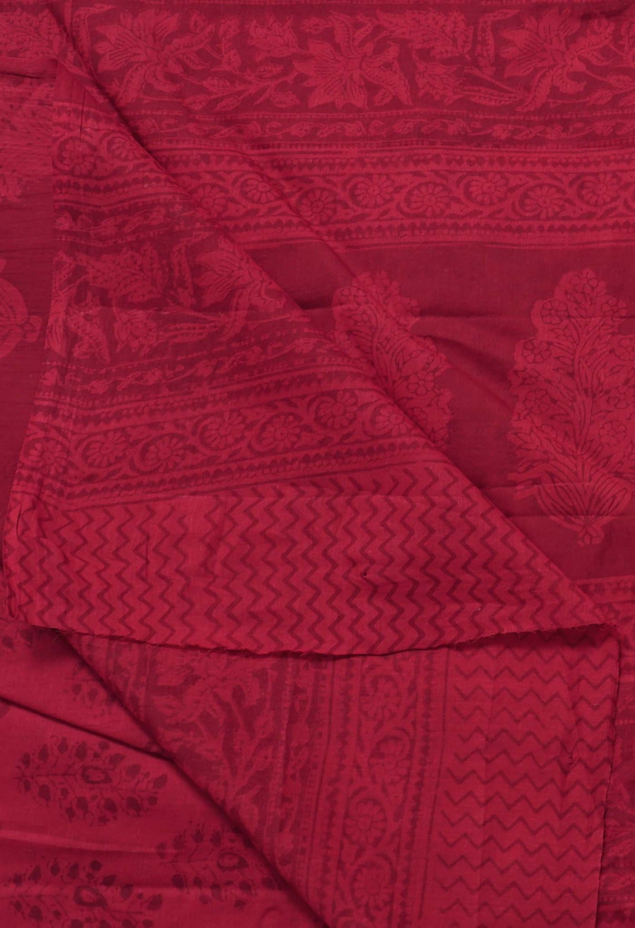 Red Pure Block Printed Mulmul Cotton Saree