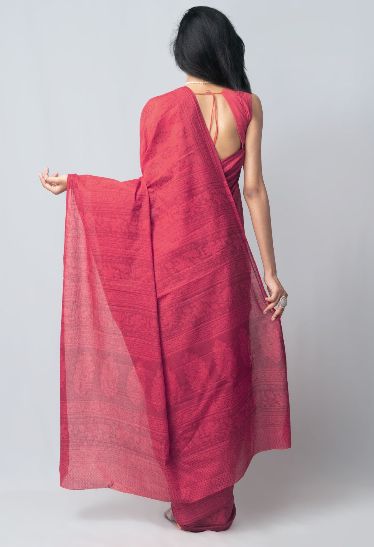 Online Shopping for Red Pure Block Printed Mulmul Cotton Saree with Hand Block Prints from Rajasthan at Unnatisilks.com India
