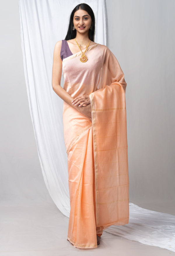 Online Shopping for Peach Orange Pure Chanderi Sico Saree with Weaving from Madhya Pradesh at Unnatisilks.com India
