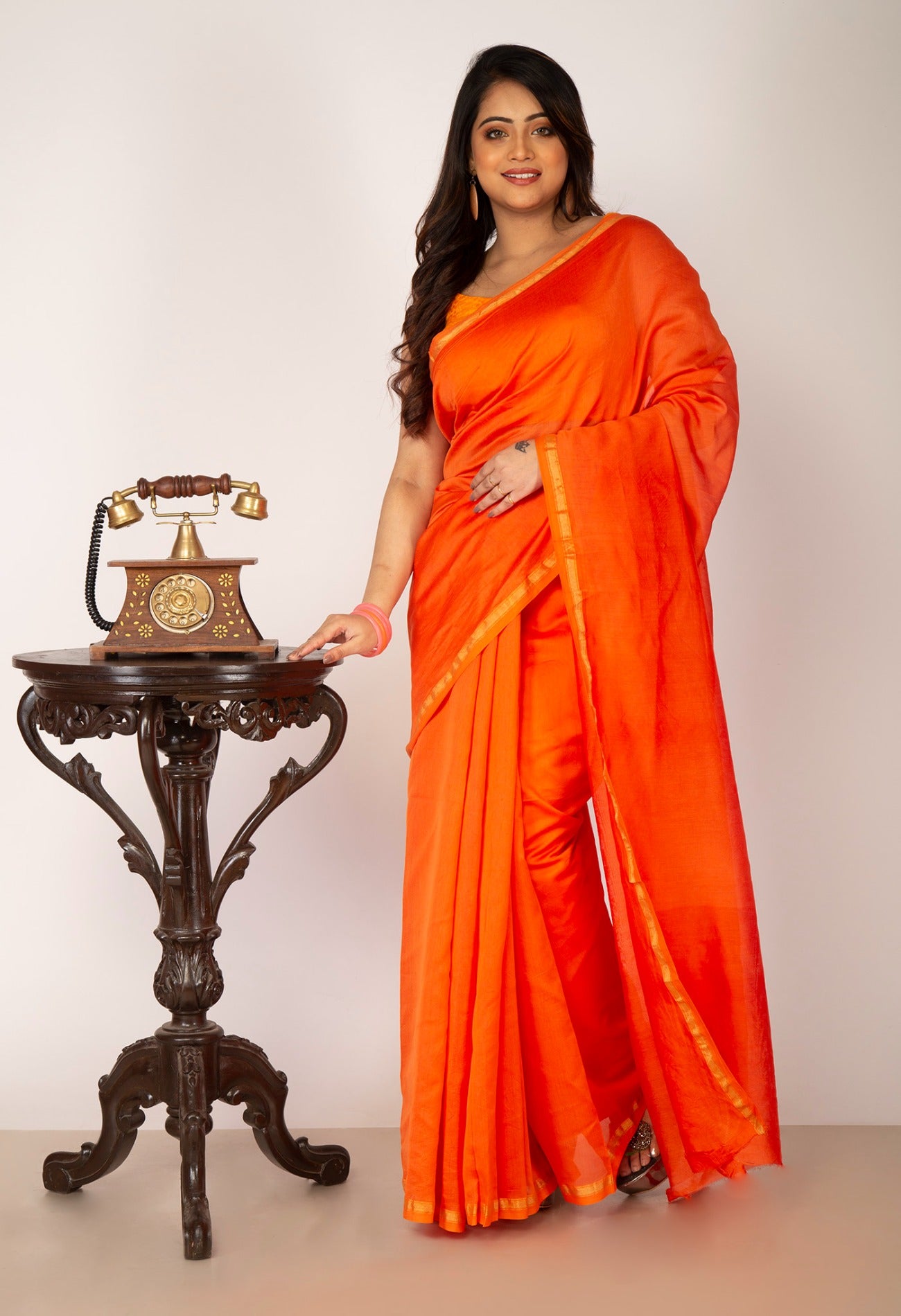 Online Shopping for Orange Pure Chanderi Sico Saree with Weaving from Madhya Pradesh at Unnatisilks.com India
