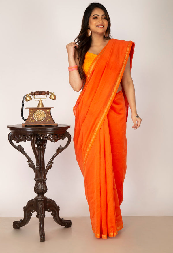 Online Shopping for Orange Pure Chanderi Sico Saree with Weaving from Madhya Pradesh at Unnatisilks.com India
