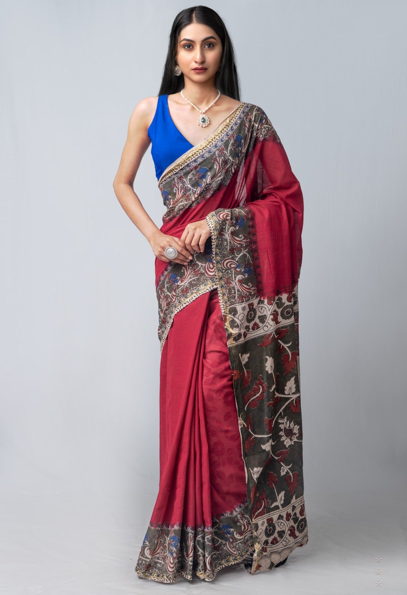 Online Shopping for Red Pure Kalamkari Cotton Saree with Kalamkari from Andhra Pradesh at Unnatisilks.com India
