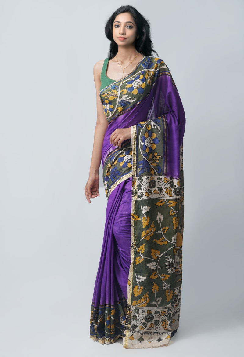 Online Shopping for Violet Pure Kalamkari Cotton Saree with Kalamkari from Andhra Pradesh at Unnatisilks.com India

