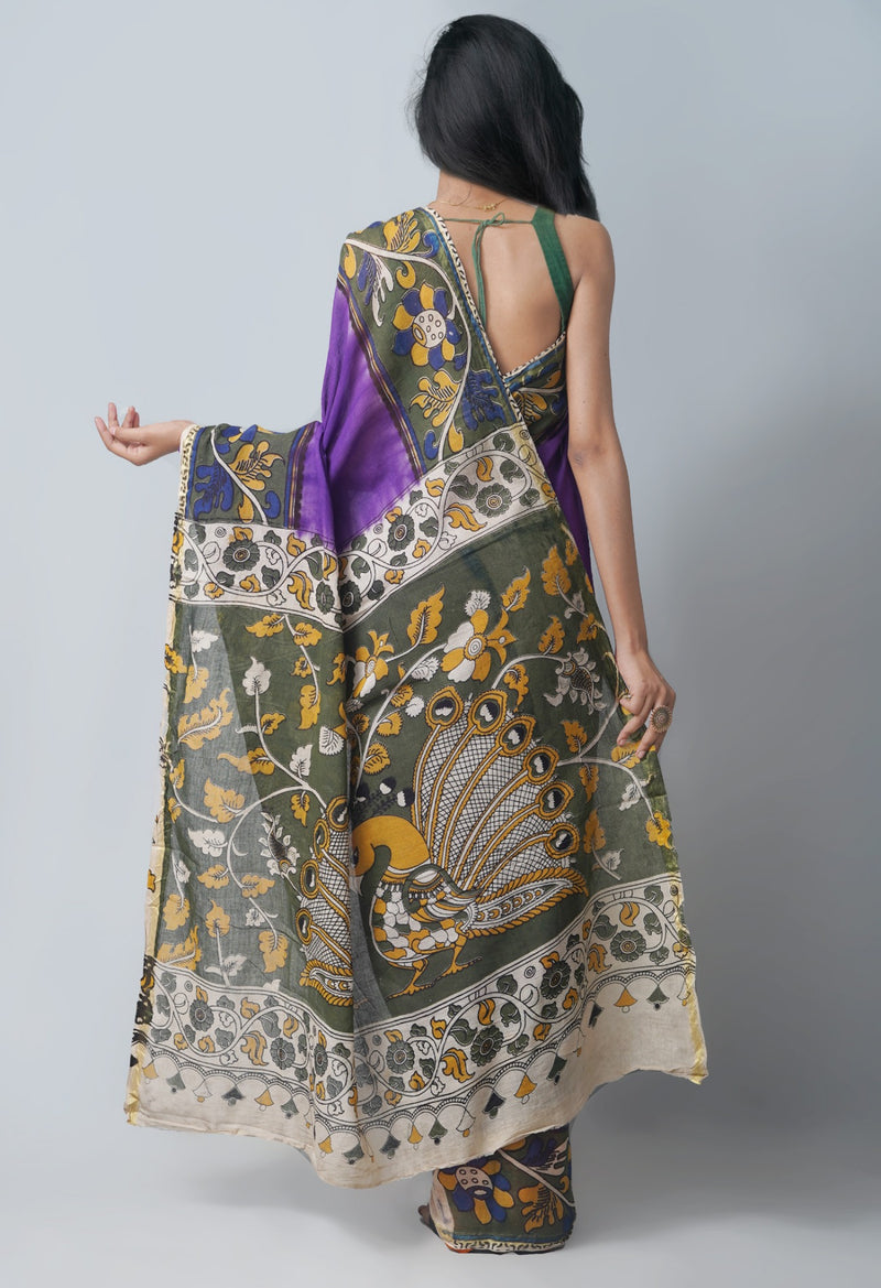 Online Shopping for Violet Pure Kalamkari Cotton Saree with Kalamkari from Andhra Pradesh at Unnatisilks.com India

