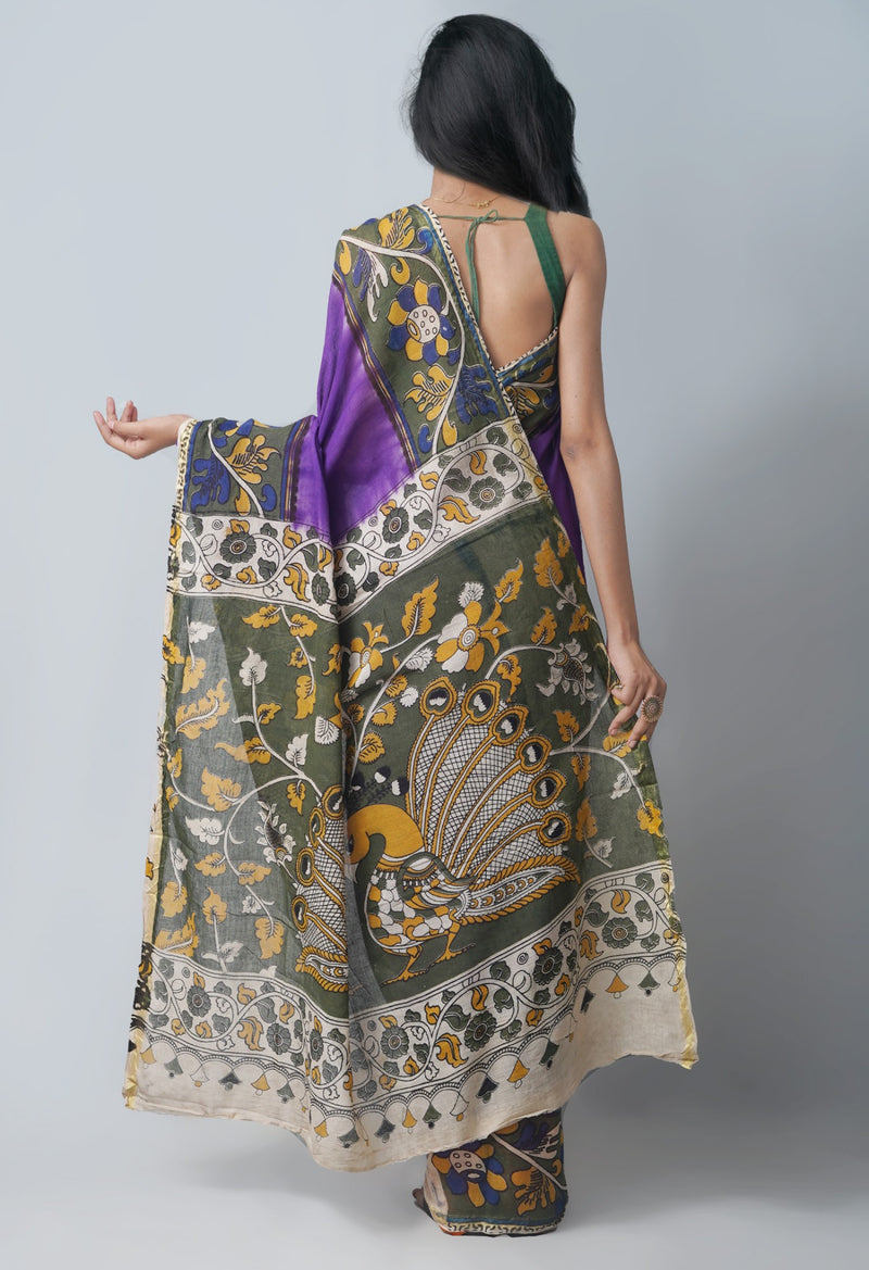 Online Shopping for Violet Pure Kalamkari Cotton Saree with Kalamkari from Andhra Pradesh at Unnatisilks.com India
