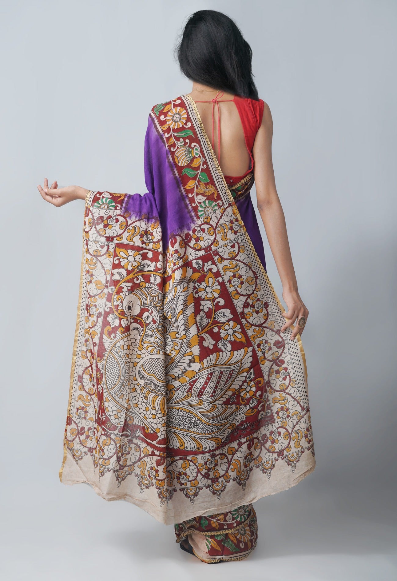 Online Shopping for Violet Pure Kalamkari Cotton Saree with Kalamkari from Andhra Pradesh at Unnatisilks.com India
