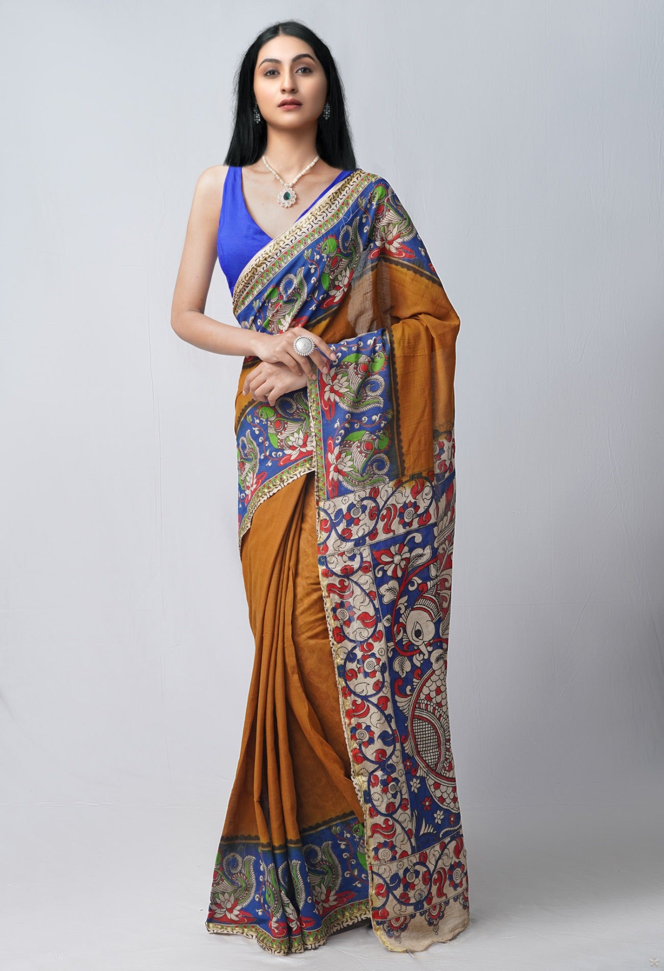 Online Shopping for Brown Pure Kalamkari Cotton Saree with Kalamkari from Andhra Pradesh at Unnatisilks.com India
