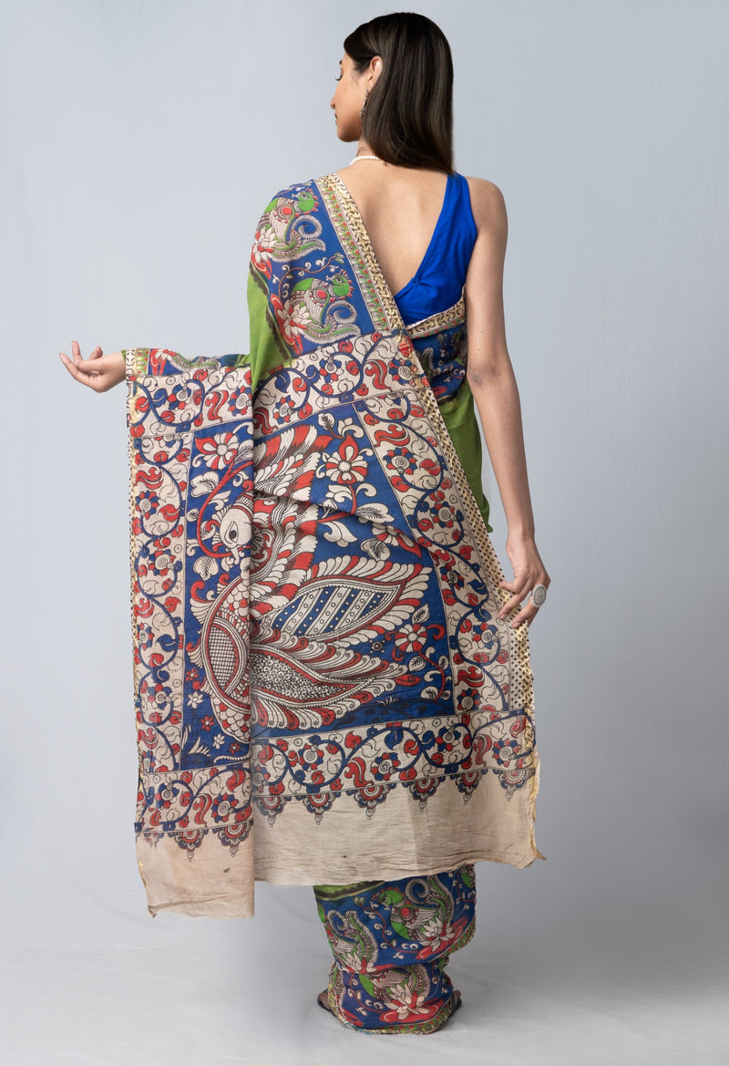 Online Shopping for Green Pure Kalamkari Cotton Saree with Kalamkari from Andhra Pradesh at Unnatisilks.com India

