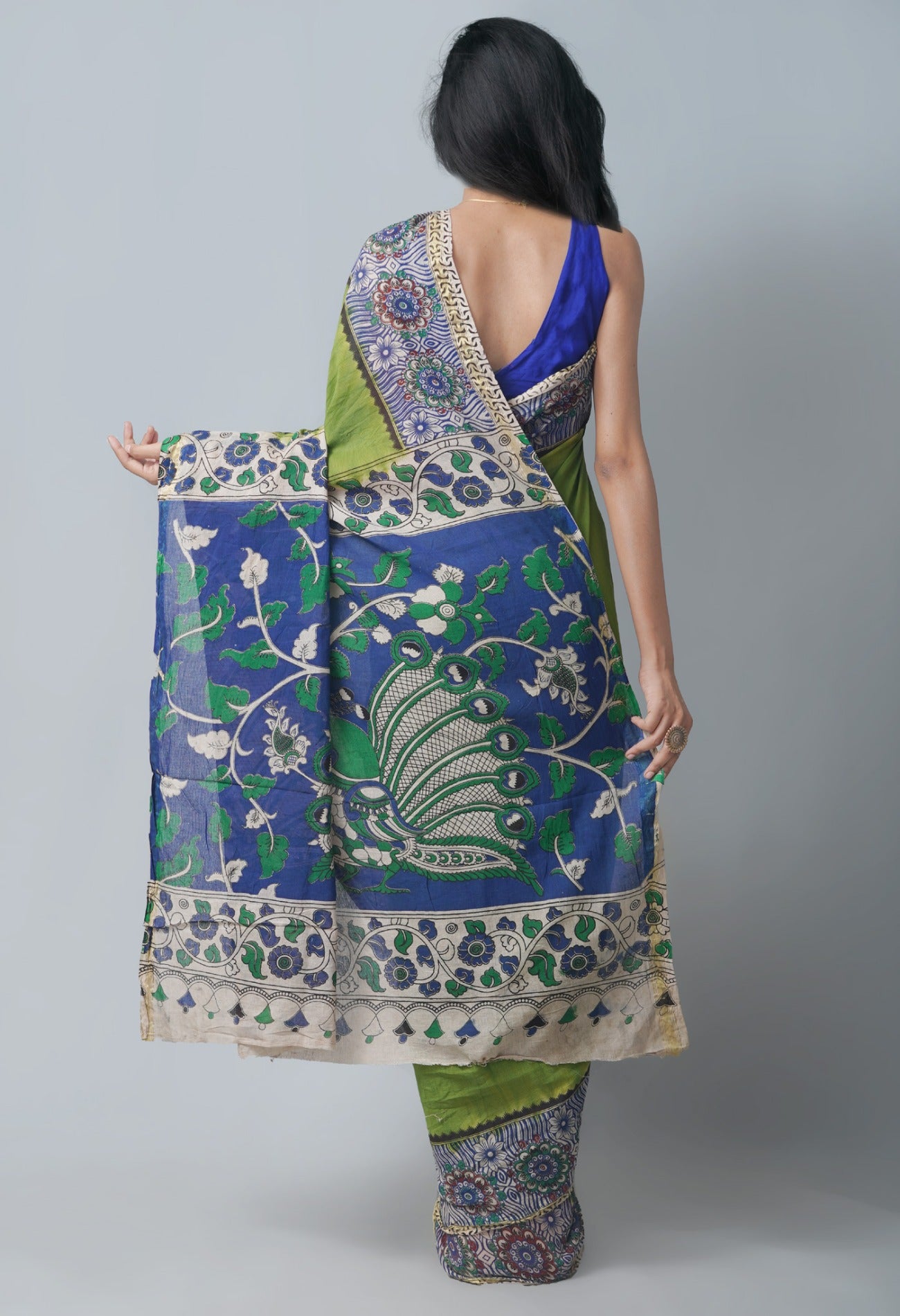 Online Shopping for Green Pure Kalamkari Cotton Saree with Kalamkari from Andhra Pradesh at Unnatisilks.com India
