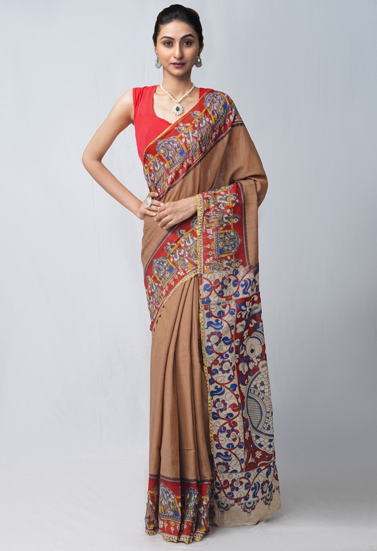 Online Shopping for Brown Pure Kalamkari Cotton Saree with Kalamkari from Andhra Pradesh at Unnatisilks.com India
