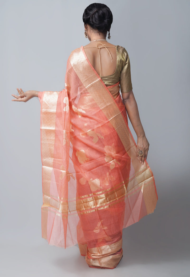 Online Shopping for Orange  Fancy Banarasi Kota Saree with Weaving from Rajasthan at Unnatisilks.com India
