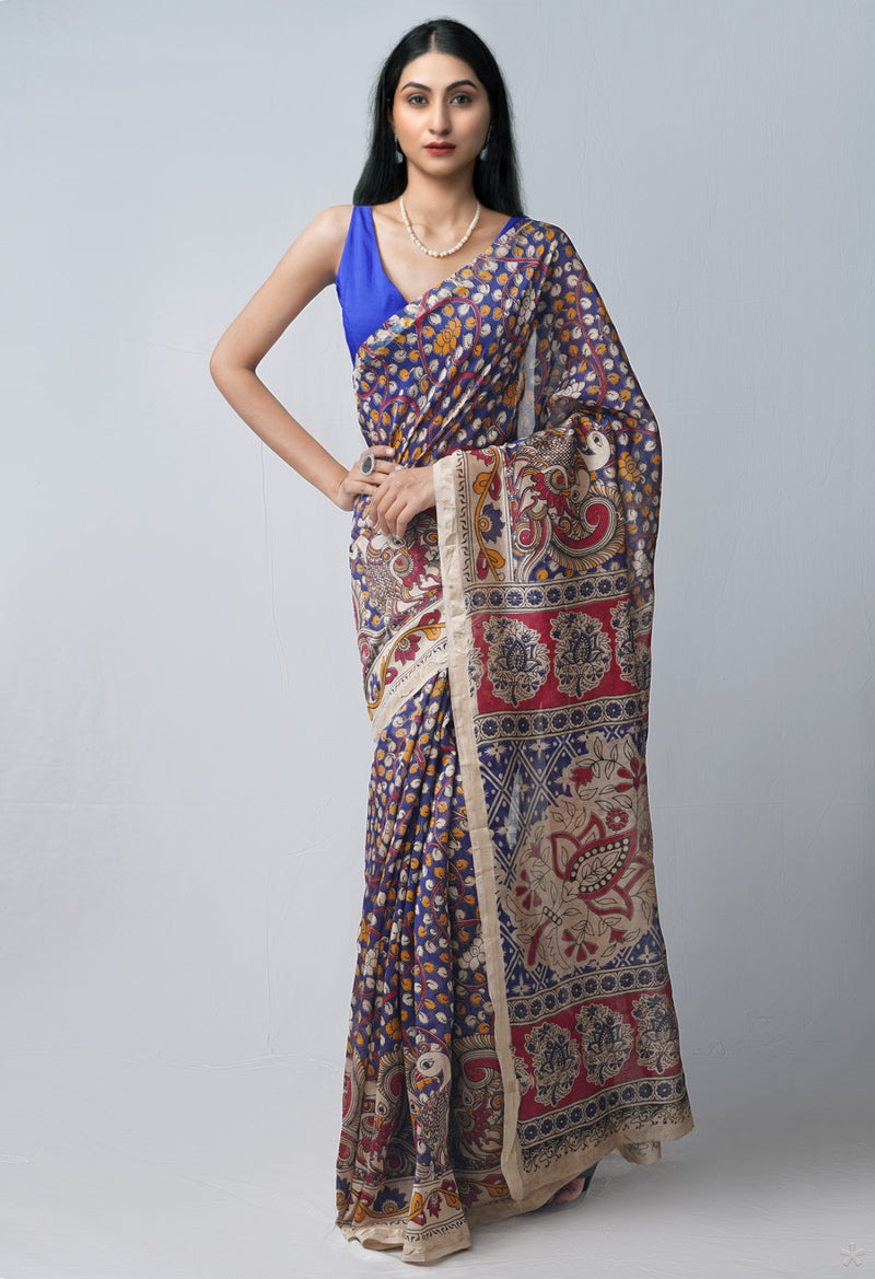Online Shopping for Blue Pure Kalamkari Chanderi Sico Saree with Kalamkari from Madhya Pradesh at Unnatisilks.com India

