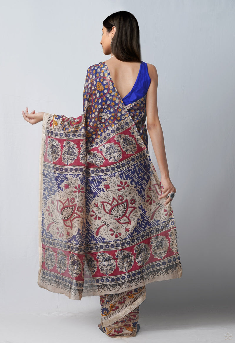 Online Shopping for Blue Pure Kalamkari Chanderi Sico Saree with Kalamkari from Madhya Pradesh at Unnatisilks.com India

