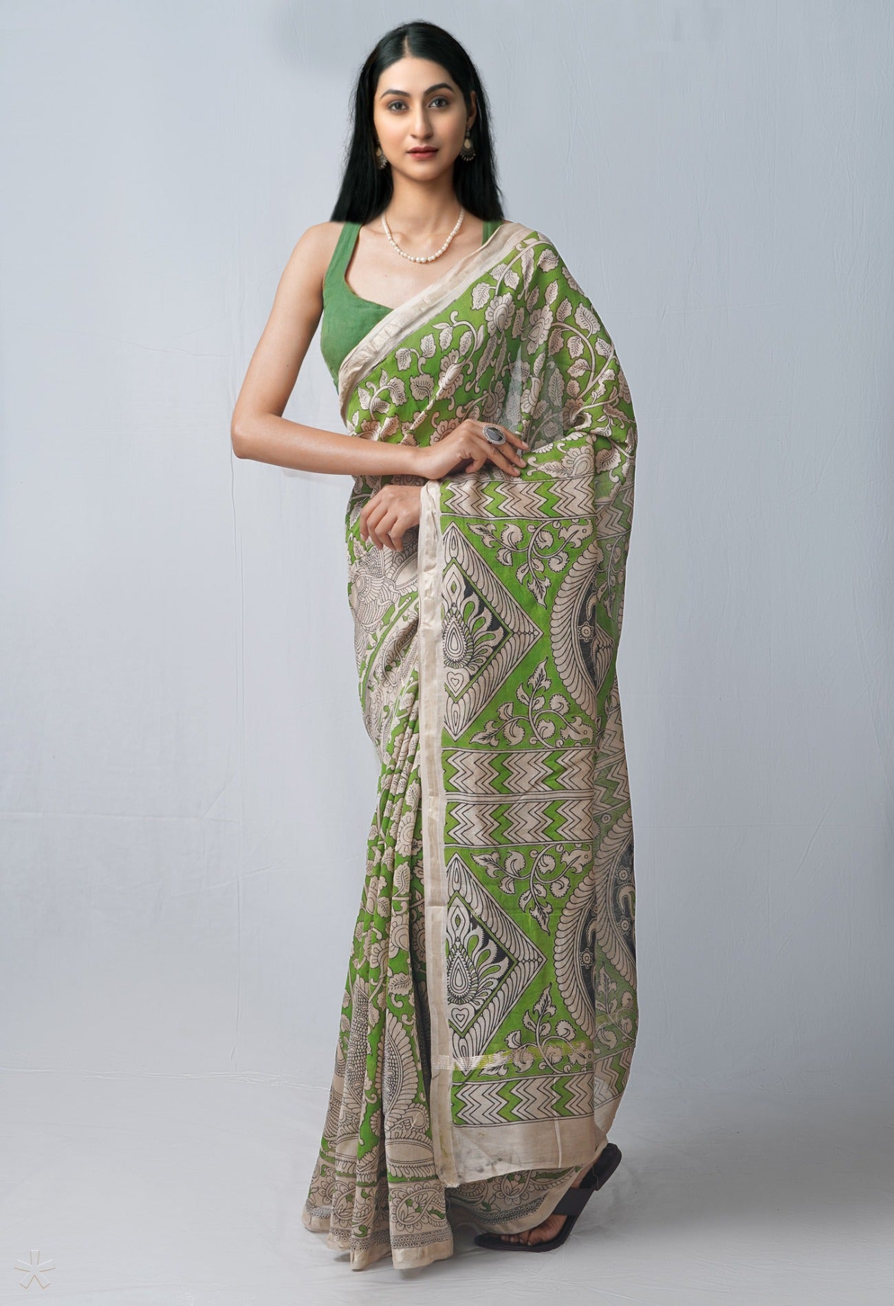 Online Shopping for Green Pure Kalamkari Chanderi Sico Saree with Kalamkari from Madhya Pradesh at Unnatisilks.com India
