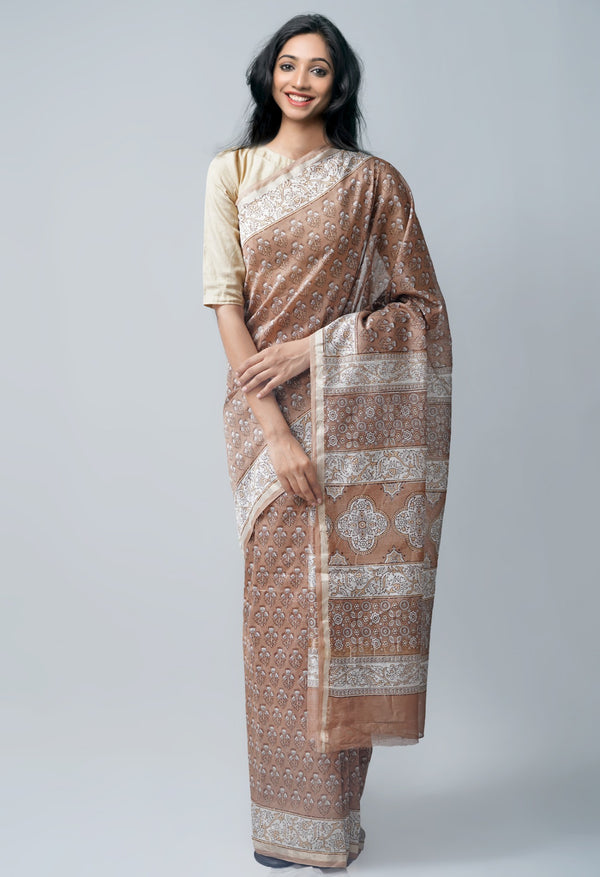 Online Shopping for Brown  Skin Printed Chanderi Sico Saree with Fancy/Ethnic Prints from Madhya Pradesh at Unnatisilks.com India

