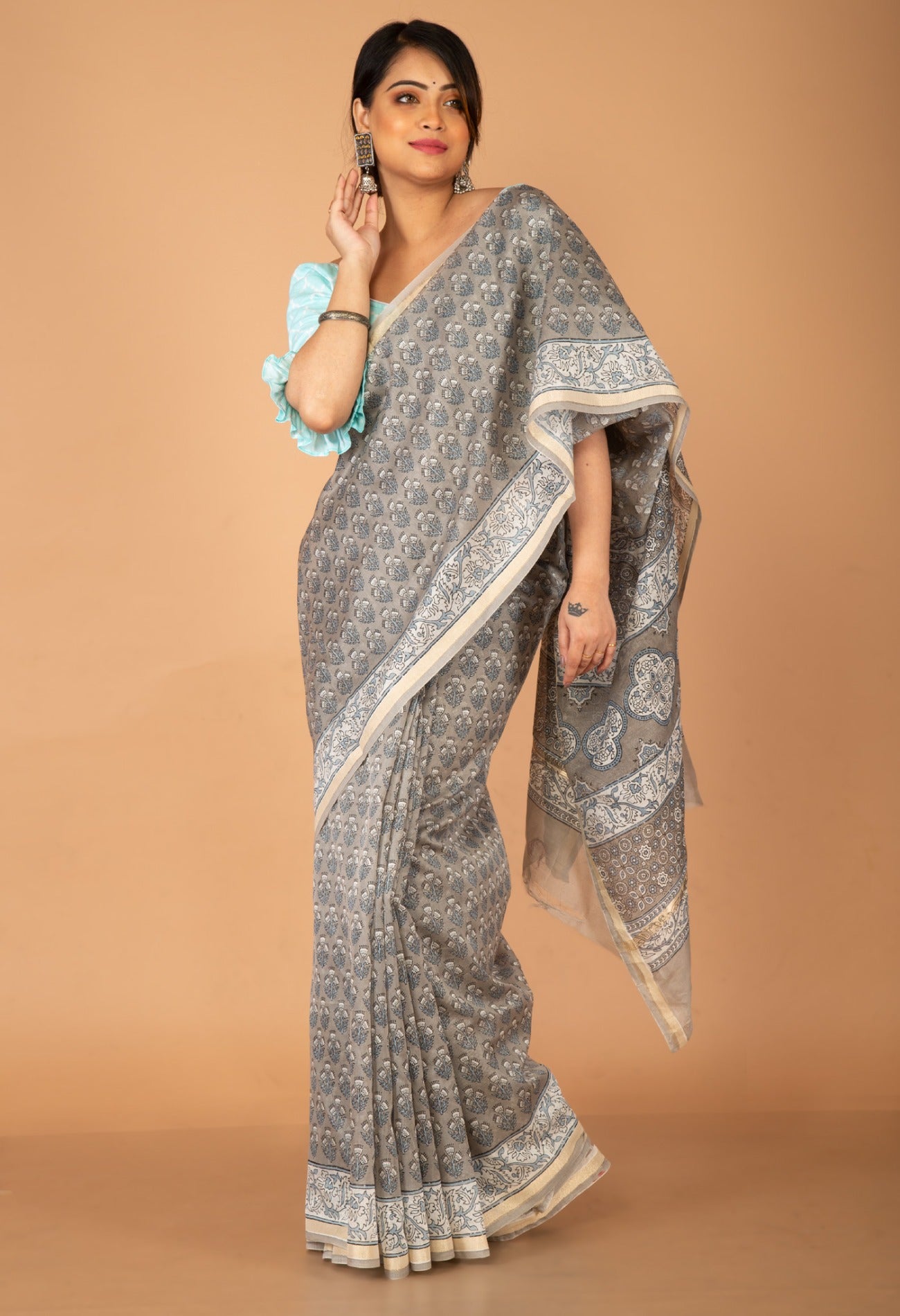Online Shopping for Grey  Skin Printed Chanderi Sico Saree with Fancy/Ethnic Prints from Madhya Pradesh at Unnatisilks.com India
