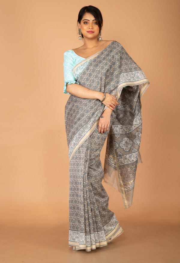 Online Shopping for Grey  Skin Printed Chanderi Sico Saree with Fancy/Ethnic Prints from Madhya Pradesh at Unnatisilks.com India