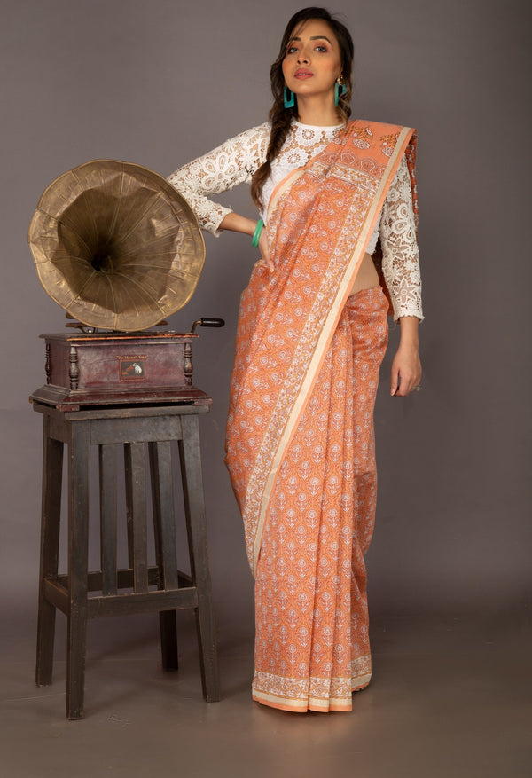 Orange Screen Printed Chanderi Sico Saree-UNM63116