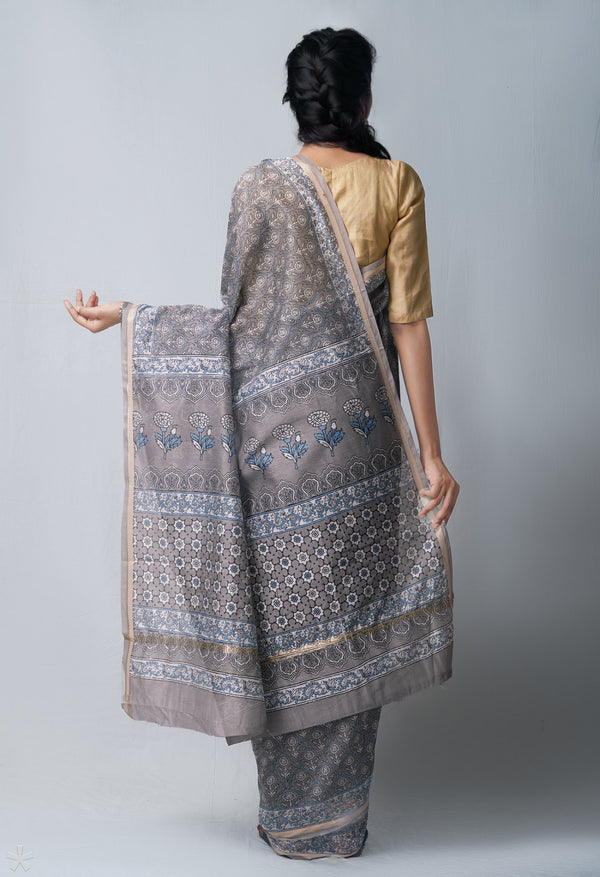 Online Shopping for Grey  Skin Printed Chanderi Sico Saree with Fancy/Ethnic Prints from Madhya Pradesh at Unnatisilks.com India
