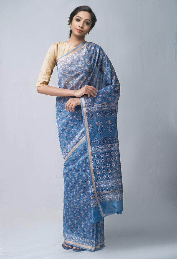 Online Shopping for Blue Skin Printed Chanderi Sico Saree with Fancy/Ethnic Prints from Madhya Pradesh at Unnatisilks.com India

