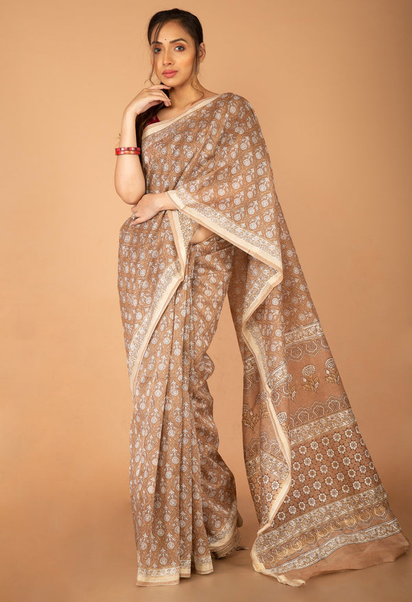 Online Shopping for Blue Skin Printed Chanderi Sico Saree with Fancy/Ethnic Prints from Madhya Pradesh at Unnatisilks.com India
