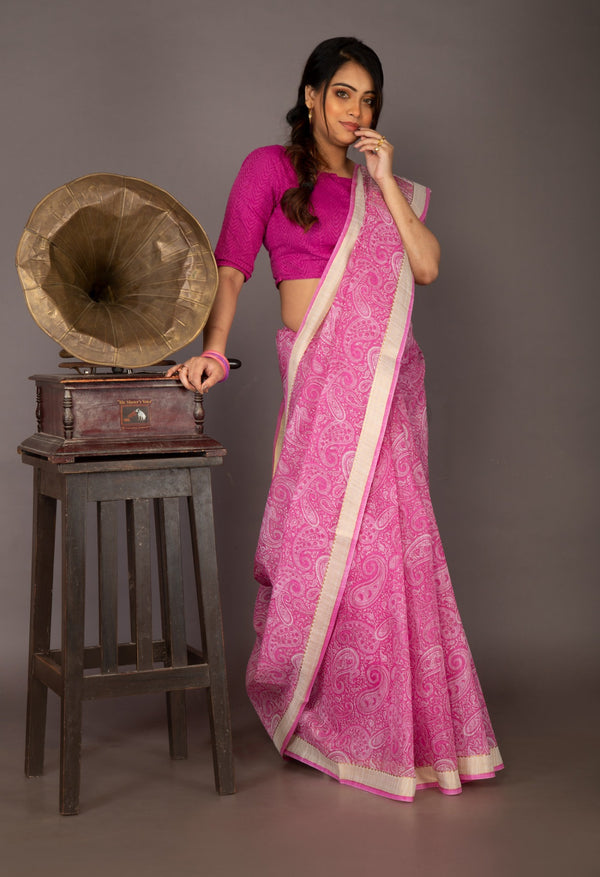 Online Shopping for Pink  Skin Printed Chanderi Sico Saree with Fancy/Ethnic Prints from Madhya Pradesh at Unnatisilks.com India
