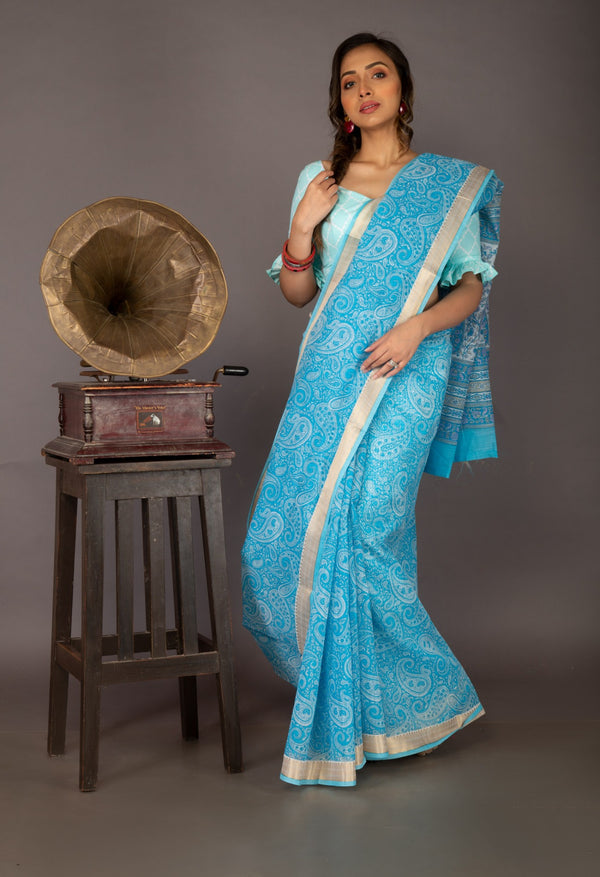 Online Shopping for Blue  Skin Printed Chanderi Sico Saree with Fancy/Ethnic Prints from Madhya Pradesh at Unnatisilks.com India
